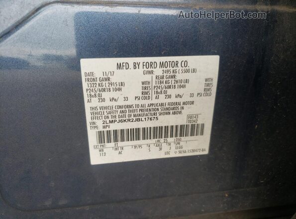 2LMPJ6KR2JBL17675 2018 LINCOLN MKX Синий Вид наклейки с VIN-кодом