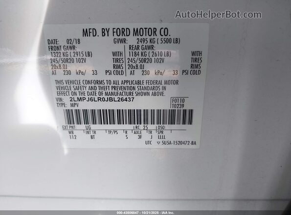 2LMPJ6LR0JBL26437 2018 LINCOLN MKX White Widok komory silnika