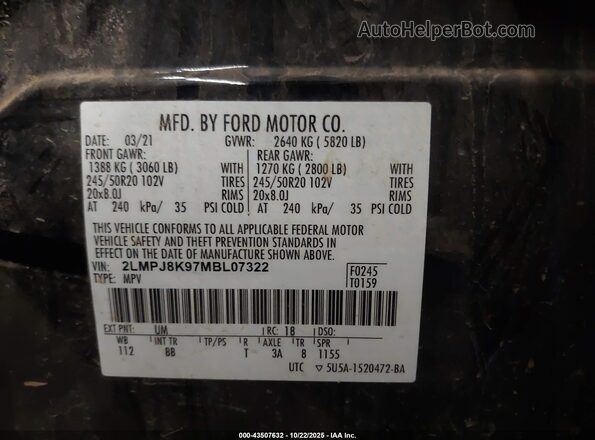 2LMPJ8K97MBL07322 2021 LINCOLN NAUTILUS Black ძრავის განყოფილების ხედი