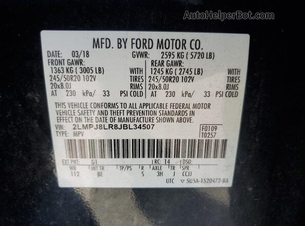 2LMPJ8LR8JBL34507 2018 LINCOLN MKX Black VIN კოდის სტიკერის ხედი