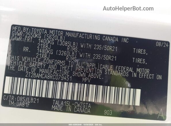2T2BAMCA8RC079451 2024 LEXUS RX 350 White Widok komory silnika
