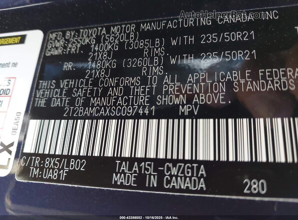 2T2BAMCAXSC097441 2025 LEXUS RX 350 Dark Blue Widok komory silnika