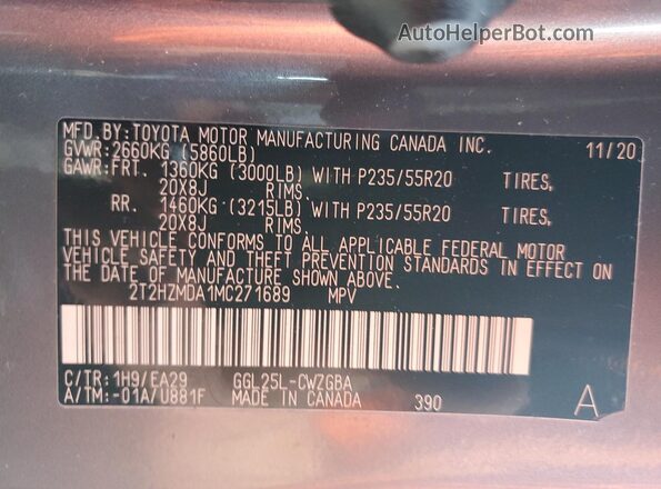 2T2HZMDA1MC271689 2021 LEXUS RX Gray Vista interior de 360 grados