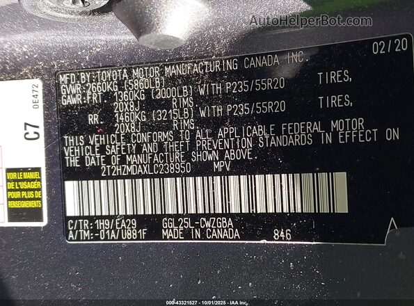 2T2HZMDAXLC238950 2020 LEXUS RX 350 Gray Widok komory silnika