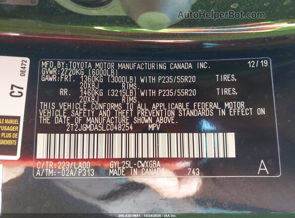 2T2JGMDA5LC048254 2020 LEXUS RX 450H Black Widok komory silnika