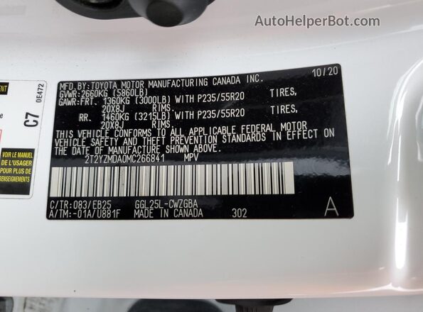 2T2YZMDA0MC266841 2021 LEXUS RX White Widok naklejki z numerem VIN