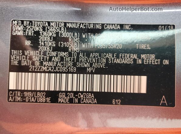 2T2ZZMCA2JC095169 2018 LEXUS RX Gray VIN sticker view