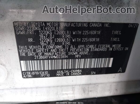 2T3B6RFV4MW023894 2021 TOYOTA LE White Вид підкапотного простору