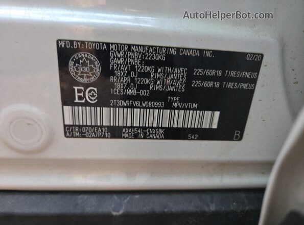 2T3DWRFV6LW080993 2020 TOYOTA LIMITED White Widok naklejki z numerem VIN