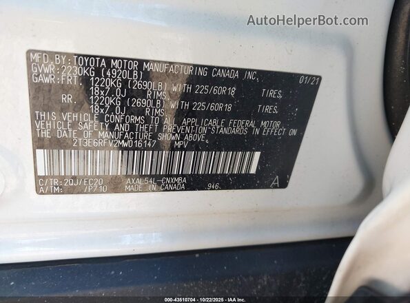 2T3E6RFV2MW016147 2021 TOYOTA RAV4 HYBRID White Вид підкапотного простору