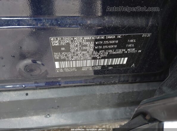 2T3EWRFV4LW072380 2020 TOYOTA RAV4 HYBRID Синий Вид подкапотного пространства