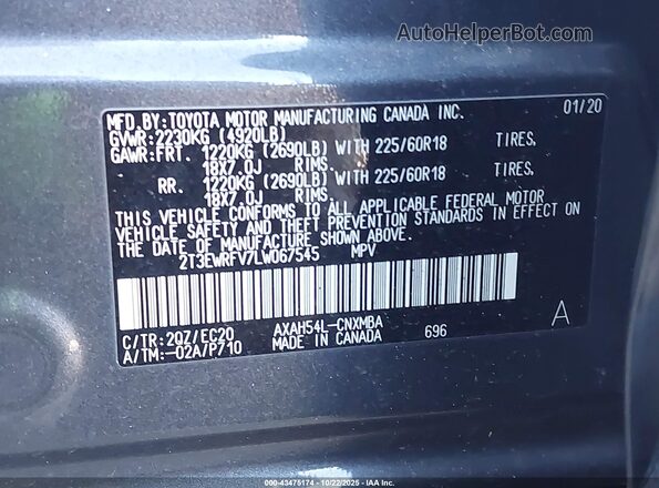 2T3EWRFV7LW067545 2020 TOYOTA RAV4 HYBRID Gray Widok komory silnika