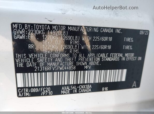 2T3T6RFV5PW044858 2023 TOYOTA RAV4 HYBRID White Вид підкапотного простору