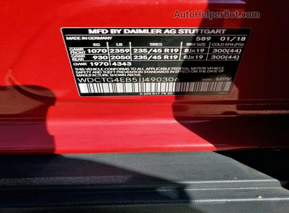 WDCTG4EB5JJ490306 2018 MERCEDES-BENZ GLA Red Vista de la etiqueta del VIN