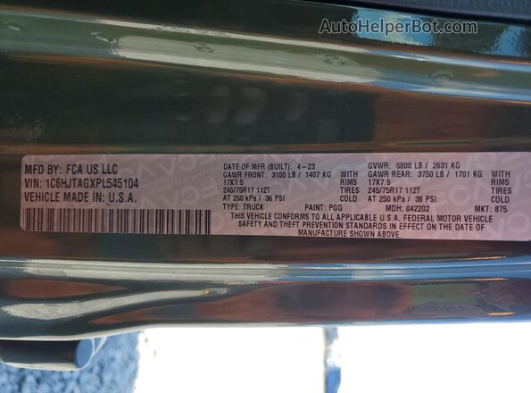 1C6HJTAGXPL545104 2023 JEEP GLADIATOR Green Vista de la etiqueta del VIN