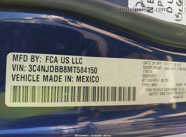3C4NJDBB8MT584150 2021 JEEP COMPASS Синий Вид подкапотного пространства