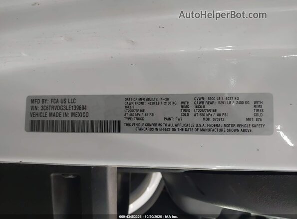 3C6TRVDG3LE139694 2020 RAM PROMASTER 2500 Белый Вид подкапотного пространства
