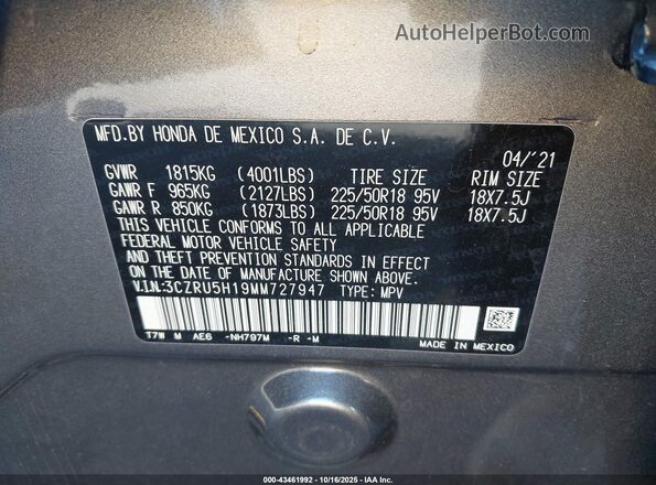 3CZRU5H19MM727947 2021 HONDA HR-V Серый Вид подкапотного пространства
