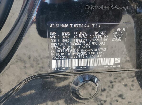 3CZRU6H3XMM753514 2021 HONDA HR-V Black VIN sticker view