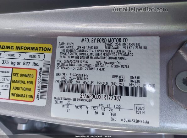 3FA6P0CD2LR177387 2020 FORD FUSION Silver Вид підкапотного простору