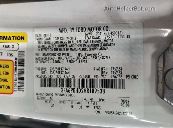 3FA6P0HD2HR189538 2017 FORD FUSION White Widok komory silnika