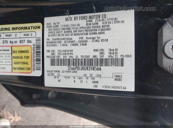 3FA6P0LU0JR248566 2018 FORD FUSION HYBRID Черный Вид подкапотного пространства