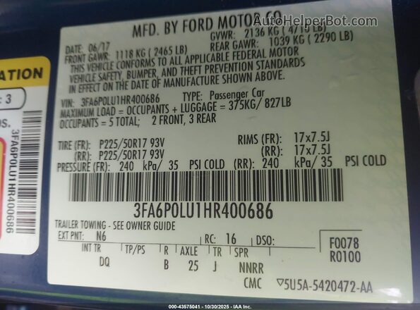 3FA6P0LU1HR400686 2017 FORD FUSION HYBRID Синий Вид подкапотного пространства