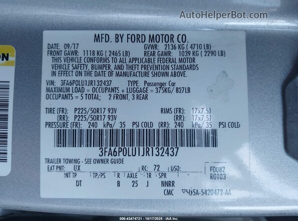 3FA6P0LU1JR132437 2018 FORD FUSION HYBRID Silver Вид підкапотного простору