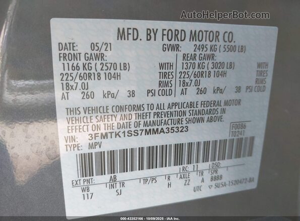 3FMTK1SS7MMA35323 2021 FORD MUSTANG MACH-E Серый Вид подкапотного пространства