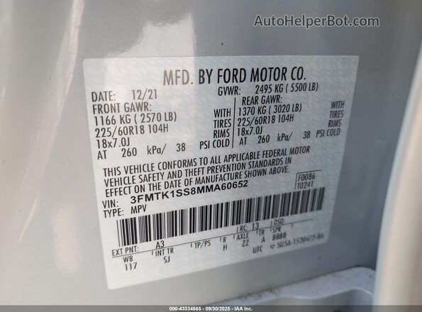 3FMTK1SS8MMA60652 2021 FORD MUSTANG MACH-E White Vista del compartimento del motor