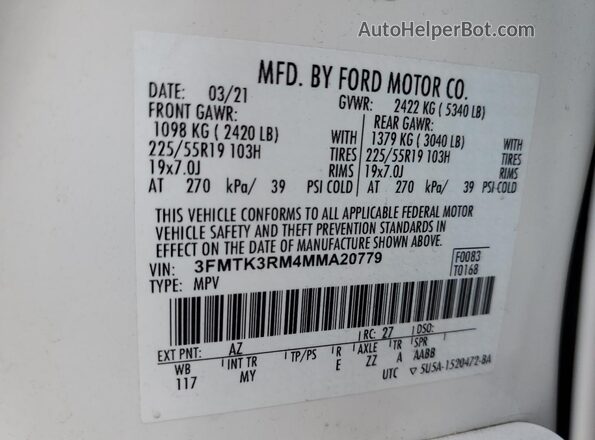 3FMTK3RM4MMA20779 2021 FORD MUSTANG MACH-E PREMI Белый Вид наклейки с VIN-кодом
