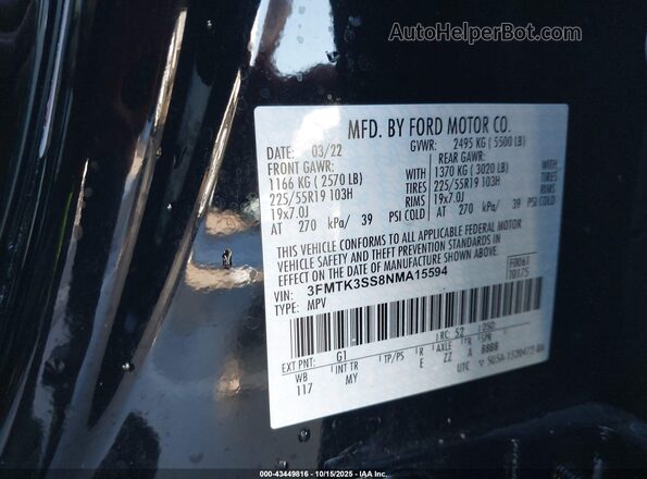 3FMTK3SS8NMA15594 2022 FORD MUSTANG MACH-E PREMI Черный Вид подкапотного пространства