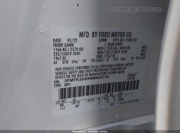 3FMTK3SS9NMA05110 2022 FORD MUSTANG MACH-E PREMI White Вид підкапотного простору