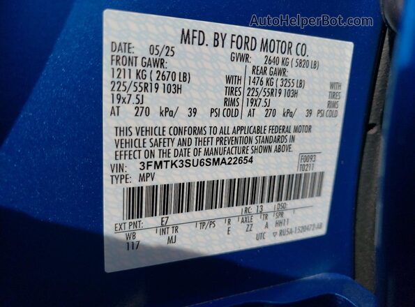 3FMTK3SU6SMA22654 2025 FORD MUSTANG MACH-E PREMI Синий Вид подкапотного пространства