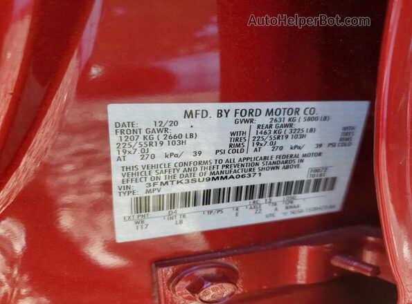 3FMTK3SU9MMA06371 2021 FORD MUSTANG MACH-E PREMI Красный Панорамный вид салона 360°