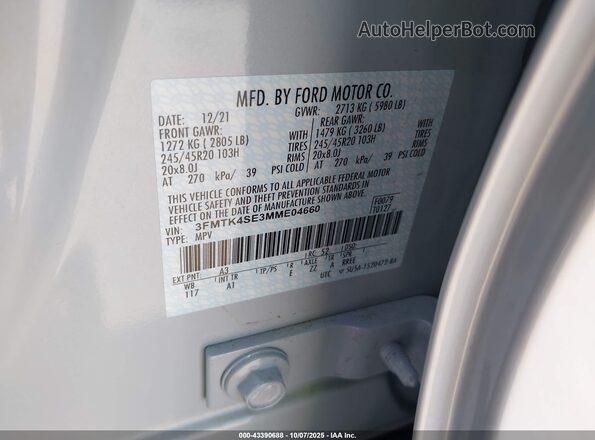 3FMTK4SE3MME04660 2021 FORD MUSTANG MACH-E Белый Вид подкапотного пространства