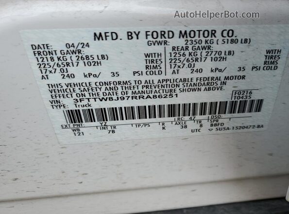 3FTTW8J97RRA86251 2024 FORD MAVERICK White Widok komory silnika