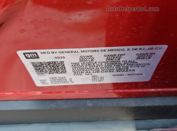 3GKALUEG6SL302279 2025 GMC TERRAIN Red Widok naklejki z numerem VIN