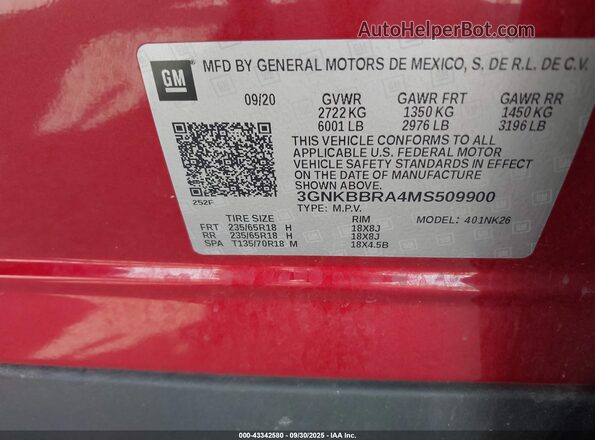 3GNKBBRA4MS509900 2021 CHEVROLET BLAZER Красный Вид подкапотного пространства