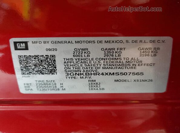 3GNKBHR4XMS507565 2021 CHEVROLET BLAZER Красный Вид наклейки с VIN-кодом