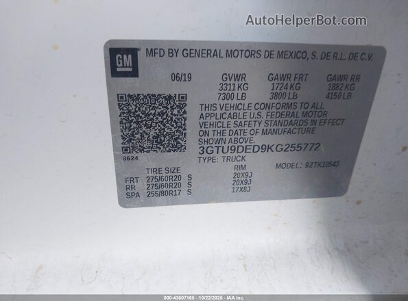 3GTU9DED9KG255772 2019 GMC SIERRA Белый Вид подкапотного пространства