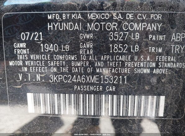 3KPC24A6XME153211 2021 HYUNDAI ACCENT Черный Вид подкапотного пространства