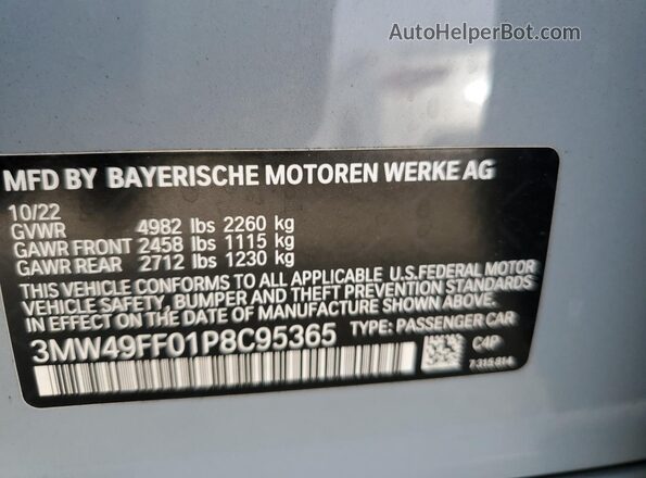 3MW49FF01P8C95365 2023 BMW M3 Синий Вид наклейки с VIN-кодом