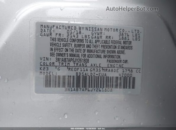 3N1AB7AP6JY261808 2018 NISSAN SENTRA Silver Vista del compartimento del motor
