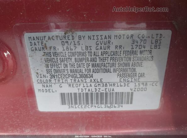 3N1CE2CP4GL360634 2016 NISSAN VERSA NOTE Red Engine compartment view