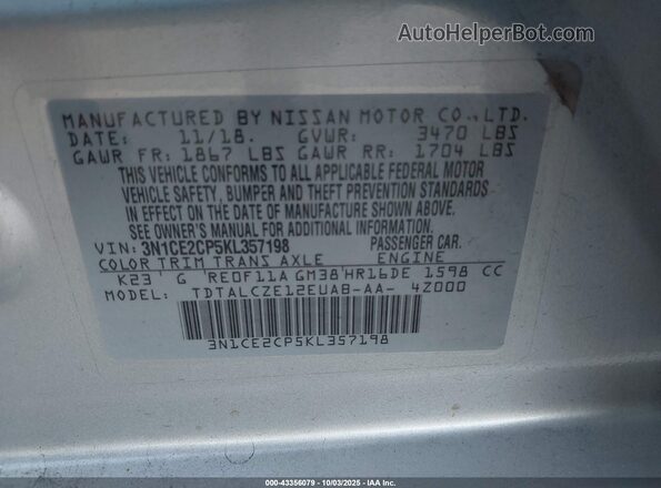 3N1CE2CP5KL357198 2019 NISSAN VERSA NOTE Серебряный Вид подкапотного пространства