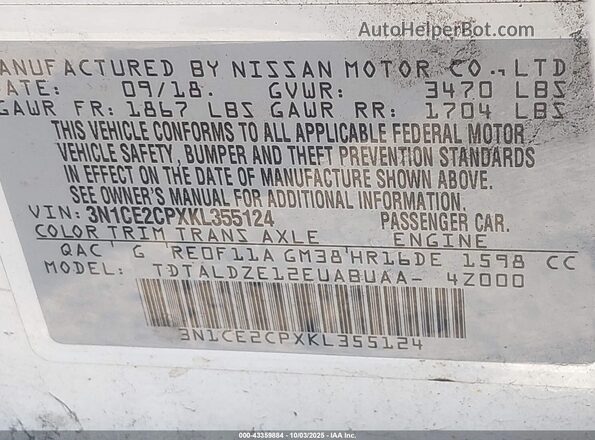 3N1CE2CPXKL355124 2019 NISSAN VERSA NOTE White Widok komory silnika