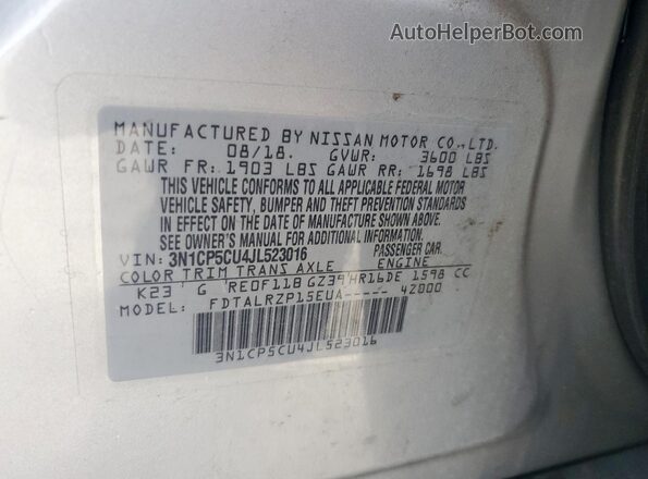 3N1CP5CU4JL523016 2018 NISSAN KICKS Silver VIN sticker view