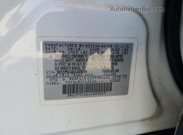 3N1CP5CU6JL525219 2018 NISSAN KICKS Белый Вид наклейки с VIN-кодом