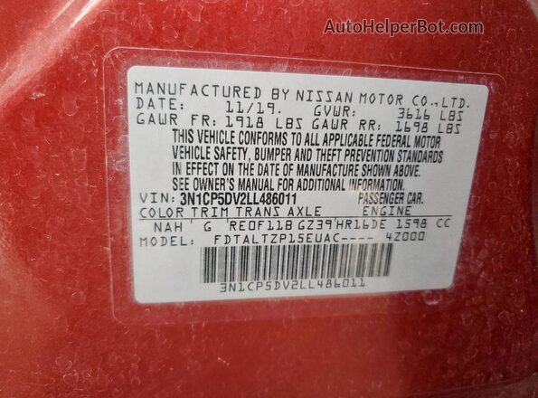 3N1CP5DV2LL486011 2020 NISSAN KICKS Maroon Вид наклейки з VIN-кодом